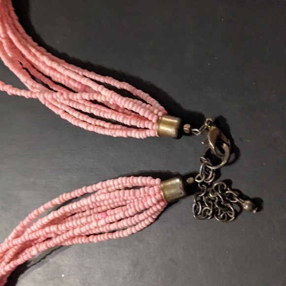 Gold Tone and Pink Beaded Multi Strand Layered Statement Necklace - Picture 4 of 4